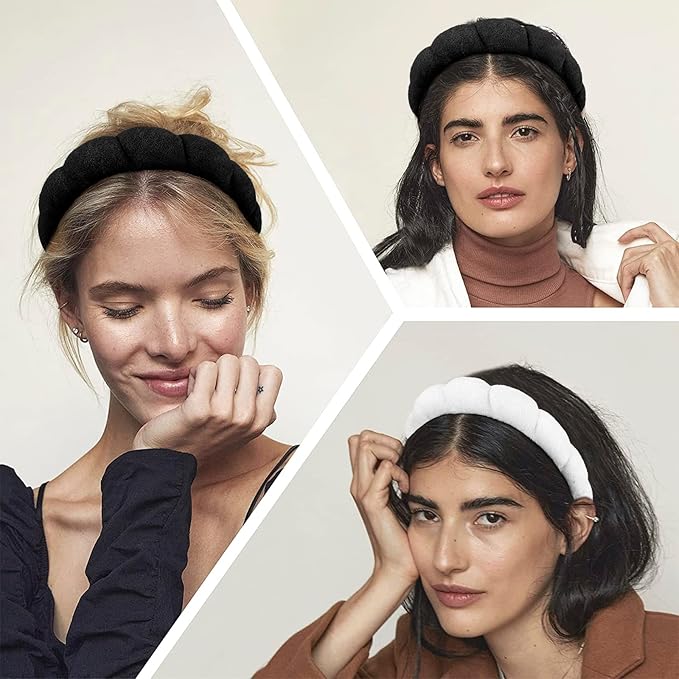 AMCAMI 2 PCS Puffy Spa Headband for Women Sponge Headbands for Girls Terry Towel Cloth Fabric Head Band for Skincare, Makeup Removal, Face Washing, Facial Mask, Shower, Hair Accessories (Black&White)