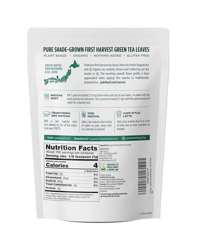 Jade Leaf Matcha Organic Green Tea Powder - Teahouse Edition - Premium First Harvest Ceremonial Grade - Authentic Japanese Origin (3.53 Ounce Pouch)