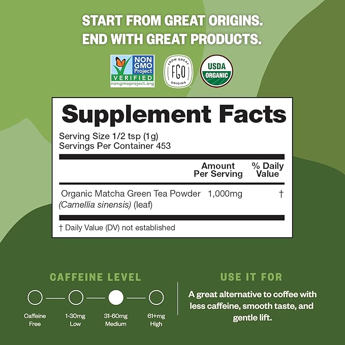 FGO Organic Matcha Green Tea Powder, Japanese Culinary Grade for Cooking, Baking, and Smoothies, 4 Ounce Resealable Bag, Packaging May Vary (Pack of 1)