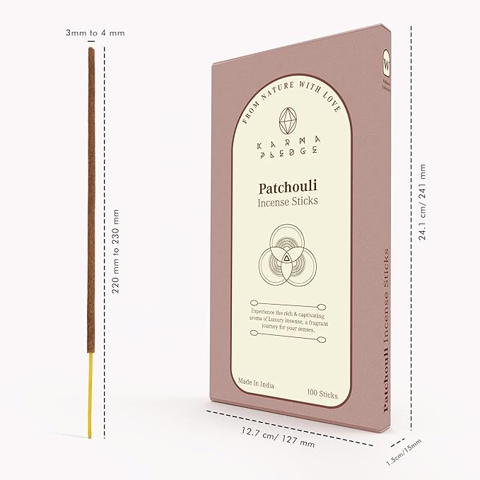 Patchouli Incense Sticks, Organic Hand Dipped 100 Sticks with Natural Herbs & Aromatic Ingredients, Burn Time 45 to 60 Minutes, Incense for Positivity, Yoga, Meditation, Relaxation, Spiritual Gift