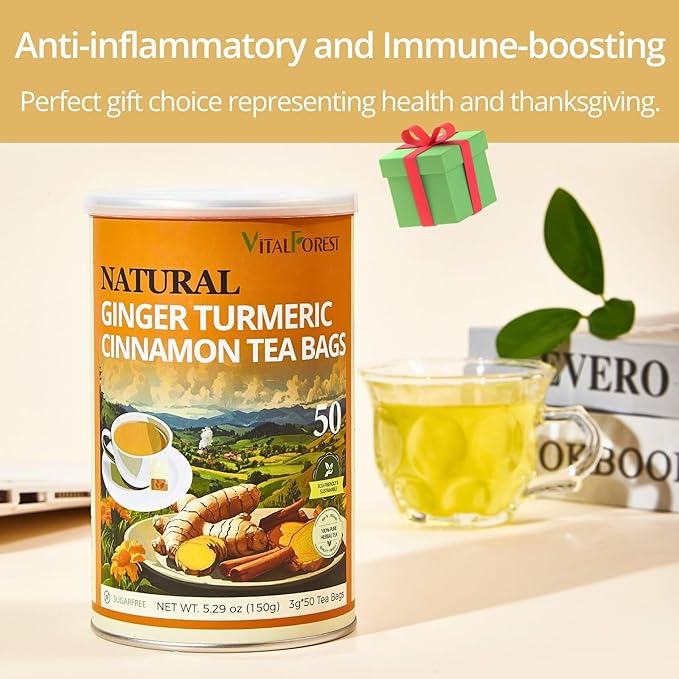 50 Premium Turmeric Ginger Cinnamon Tea Bags| Vitalforest Natural Ginger Tea Bags| Pure Turmeric Tea| Herbal Cinnamon Tea| Supports Digestion, Caffeine Free