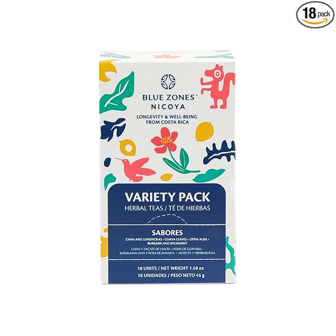 Blue Zones Nicoya - Variety Pack of 5 Lippia Alba & Hibiscus, 5 Chan & Lemongrass, 4 Burbark & Spearmint, 4 Guava Leaves Tea Bags - 100% Natural, Organic, and Refreshing - High Micronutrients - Gluten, Caffeine, Sugar-Free - Pack of 18 (1.59 oz/ 45 g)