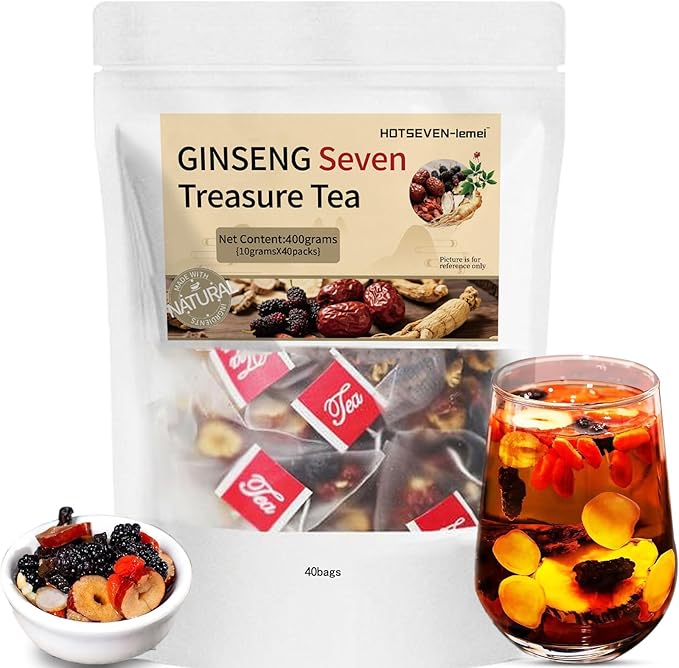 Ginseng Seven Treasure Herbal Tea, Organic Kidney Detox & Cleanse Blend for Women & Men, 7 Natural Ingredients Herbal Formula, 40 Bags, 1 Pack
