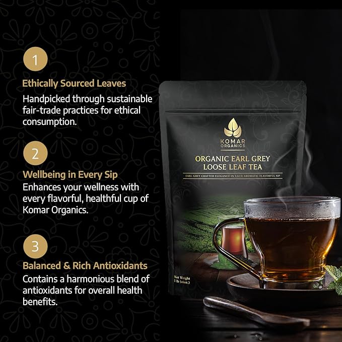 Komar Organics Earl Grey Tea Loose Leaf - 16 Oz USDA Organic, Certified Kosher 1 LB Black Tea Infused With Natural Oil and Bergamot