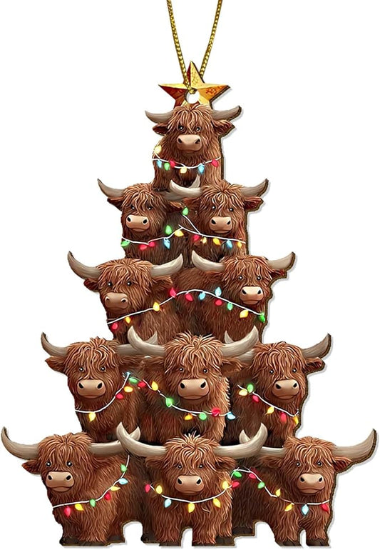 Highland Cow Christmas Tree Wooden Ornament – Cute Farm Animal Holiday Decor for Tree, Gifts for Cow Lovers, Rustic Wooden Christmas Decoration