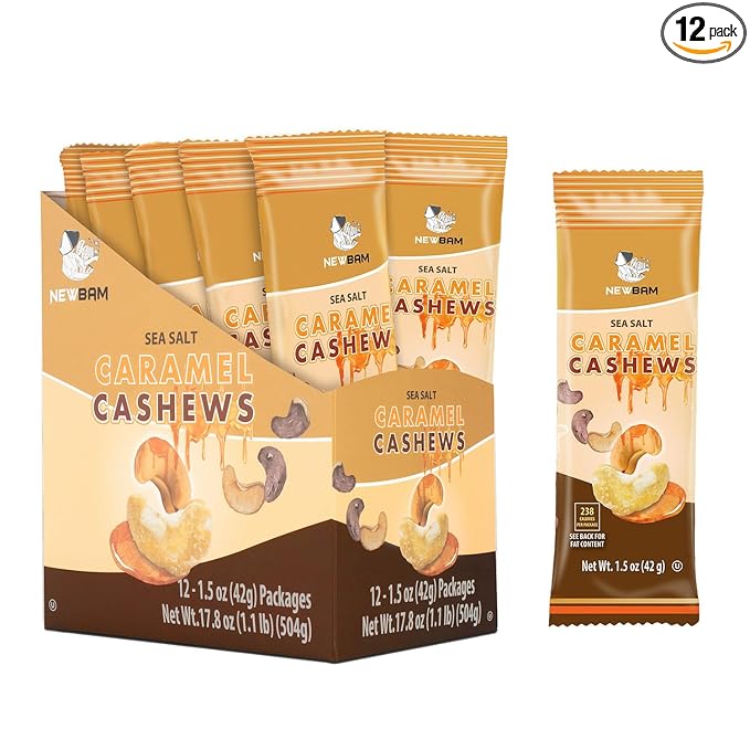 NEWBAM Sea Salt Caramel Cashews Individual Packs - 12 Cashew Snack Packs Roasted Nuts (1.5oz Each) – Keto, Vegan, Gluten-Free - Healthy Snacks for Trail Mix, Office, or Party - Lightly Salted, Sweet Tasty