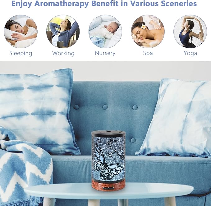 EQUSUPRO Essential Oil Diffuser 150ml Black Metal Aromatherapy Oil Diffuser Ultrasonic Cool Mist Diffuser with Auto Shut-Off Protection,7 Colors Changed LED for Home Office SPA Yoga