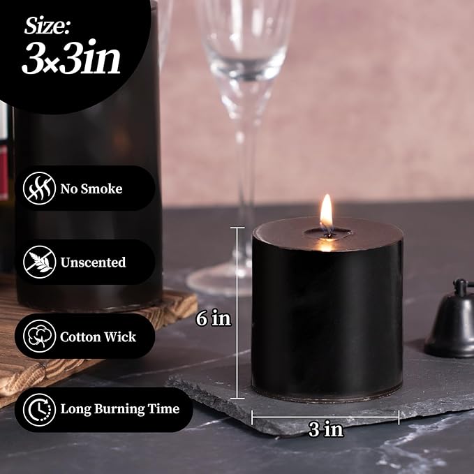 KONNI Black Pillar Candles Set of 3, 3"x 3" Unscented Pillar Candles Bulk, 30 Hours Long Burning Candles, Smokeless&Dripless Large Round Candle for Wedding, Home Decoration, Parties, Spas, Dinner