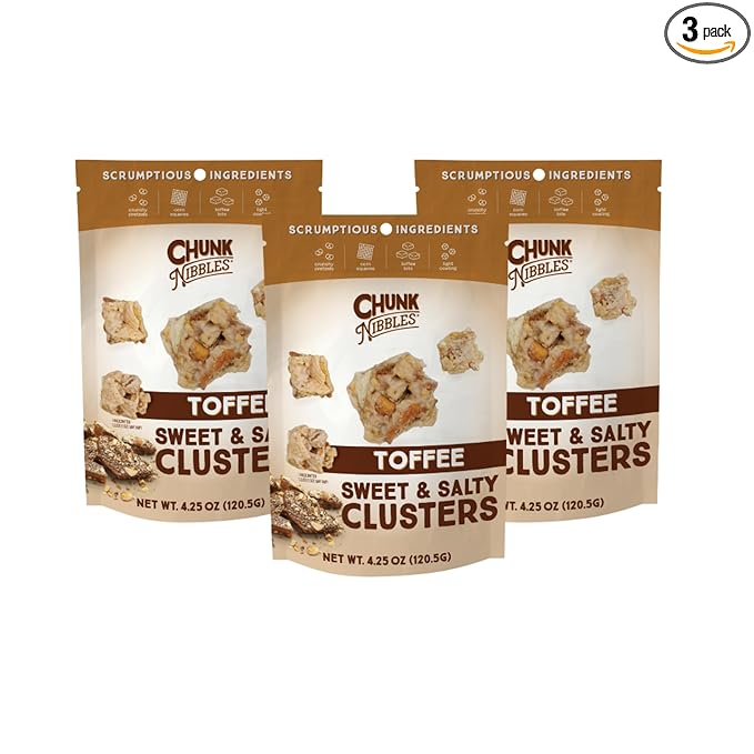 Chunk Nibbles Toffee Snack Clusters - Buttery Milk Chocolate Toffee with Pretzels & Corn Squares - Award-Winning Gourmet Treat, Small Batch, Handcrafted - 4.25oz Resealable Pouch (3 Pack)