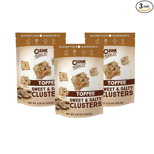 Chunk Nibbles Toffee Snack Clusters - Buttery Milk Chocolate Toffee with Pretzels & Corn Squares - Award-Winning Gourmet Treat, Small Batch, Handcrafted - 4.25oz Resealable Pouch (3 Pack)