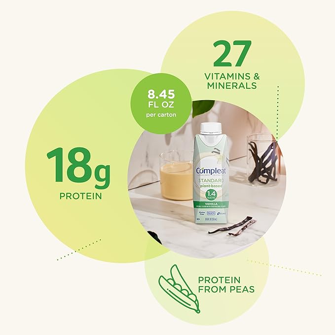 Compleat Standard 1.4 Plant-Based Vanilla Nutrition Shake - 18g Protein, 29 Vitamins & Minerals - Vegan Tube Feeding Formula - 8.45 Fl Oz (Pack of 12)