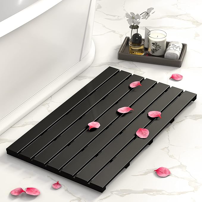 Domax Wooden Bamboo Bath Shower Mat- Non-Slip Waterproof Large Bathroom Floor Mat for Indoor Outdoor (Black, 31.3 x 18.1 x 1.5 Inches)