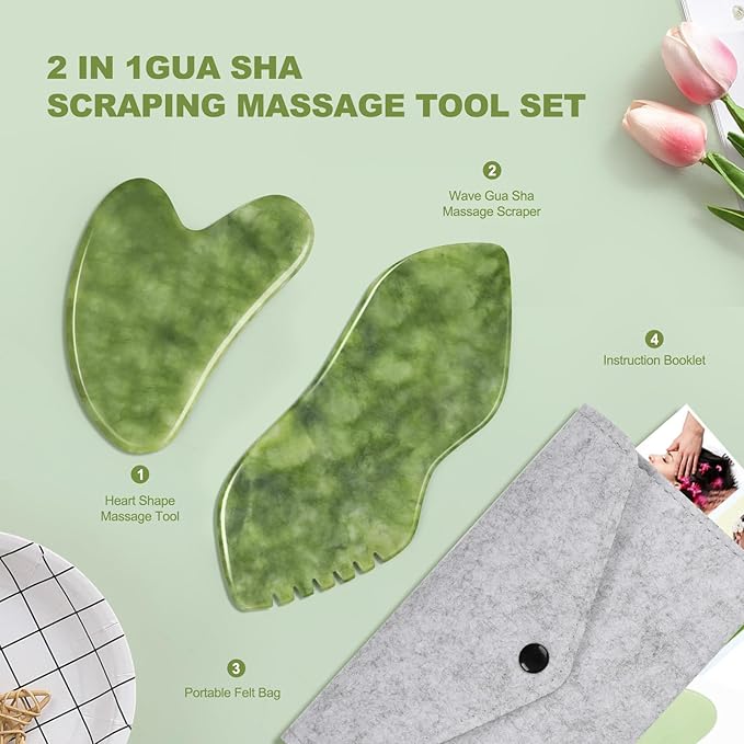 airogym 2PCS Jade Stone Gua Sha Set Face Massager Jade Facial Tools Body Lymphatic Drainage Massager, Guasha Face Sculpting Tool Skin Care Set Gifts for Women Gua Sha Sculpting for Tighten Skin