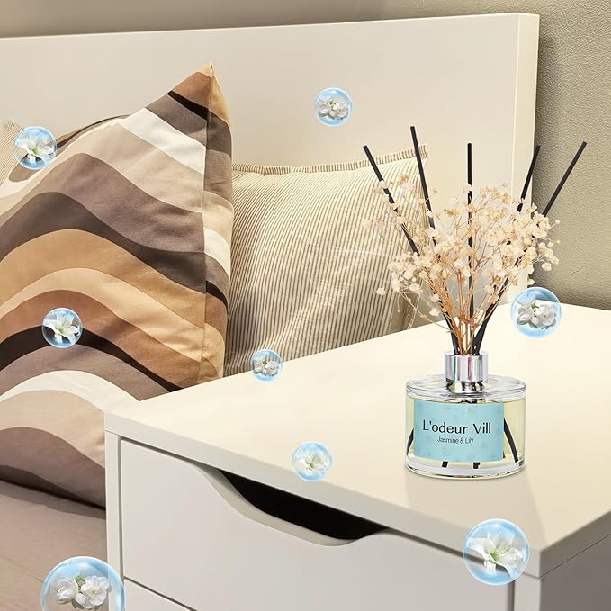 L'odeur Vill Reed Diffuser Set, 6.7 oz(200ml) Jasmine & Lily Scented Diffuser with 6 Oil Diffuser Sticks, Home Fragrance Essential Oil Reed Diffuser for Home Large Rooms Bathroom Shelf Decor