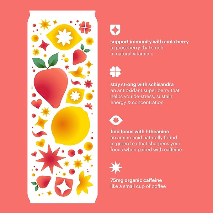 Heywell Sparkling Adaptogenic Water Energy and Focus, Strawberry Lemon Flavor 12 Fluid Ounce (Pack of 12) - Caffeinated, Organic, Non GMO, Vegan, Gluten Free, Dairy Free