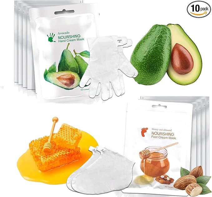 Elitzia Foot Mask Hand Mask Avocado Honey Almond Extract Hydrating 10 Packs Gloves Socks Masks Moisturizing Repairing Nourishing Masks Spa Women Dry Cracked Skin Self Care ETMM03