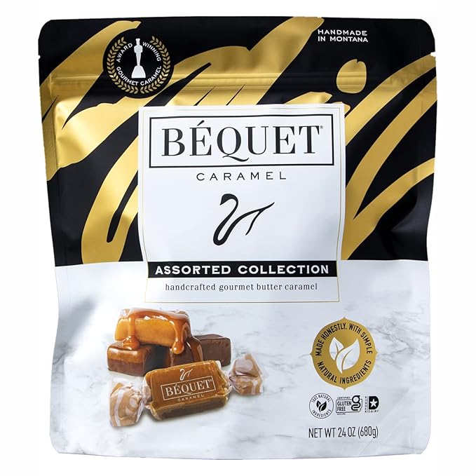 Béquet Assorted Caramels - Gourmet Individually Wrapped Candy Variety Pack - Celtic Sea Salt, Salt Chocolate, Classic Vanilla, Butterscotch, Green Apple, Salted Mocha & Salted Butterscotch - 24 oz Gift Bag
