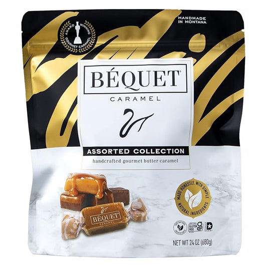 Béquet Assorted Caramels - Gourmet Individually Wrapped Candy Variety Pack - Celtic Sea Salt, Salt Chocolate, Classic Vanilla, Butterscotch, Green Apple, Salted Mocha & Salted Butterscotch - 24 oz Gift Bag