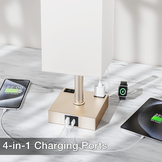 Antique White Touch Table Lamp - Mochaca Gold Bedside Lamp with USB A + Type C Charging Ports and Two AC Outlets, Small Night Stand with E26 LED Bulb, Desk Light for Bedroom Living Room Office Dorm