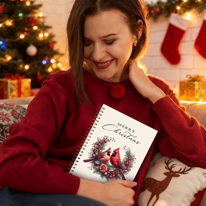 Exqcom Christmas Red Cardinal Spiral Notebook Gifts, Winter Red Holly Berries Botanical Bird Holiday Journal for Women, Merry Christmas Hardcover Notebook Journal Office School Supplies, 5.5x8.3 Inch