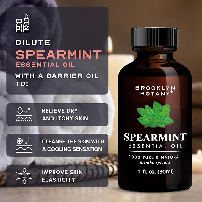 Brooklyn Botany Spearmint Essential Oil - 100% Pure and Natural - Premium Grade Oil with Dropper - for Aromatherapy and Diffuser - 1 Fl Oz