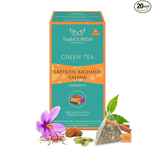 TeaNOURISH Saffron Kashmiri Kahwa | 20 Count Pyramid Tea Bags | Whole Leaf Green Tea | Saffron, Cardamom, Cinnamon, Almond | Warming & Soothing | Improves Digestion, Boosts Immunity