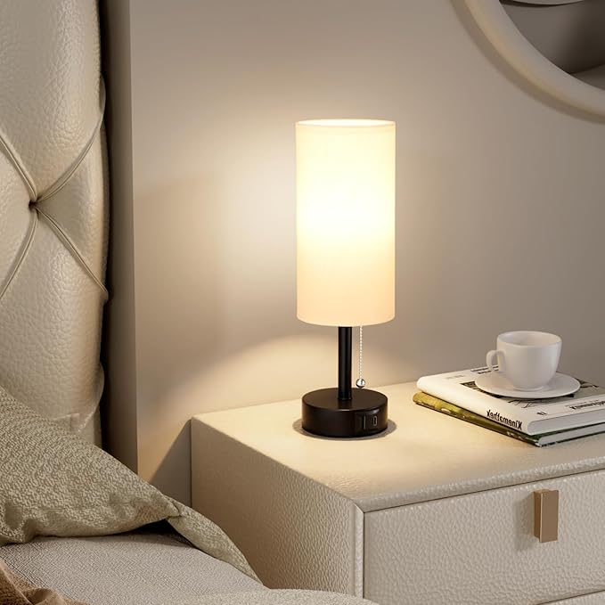 Fenmzee USB Bedside Table Lamps Set of 2-3 Color Temperatures Pull Chain Lamp with USB C and A Charging Ports, Round Night Stand Lamps for Bedroom