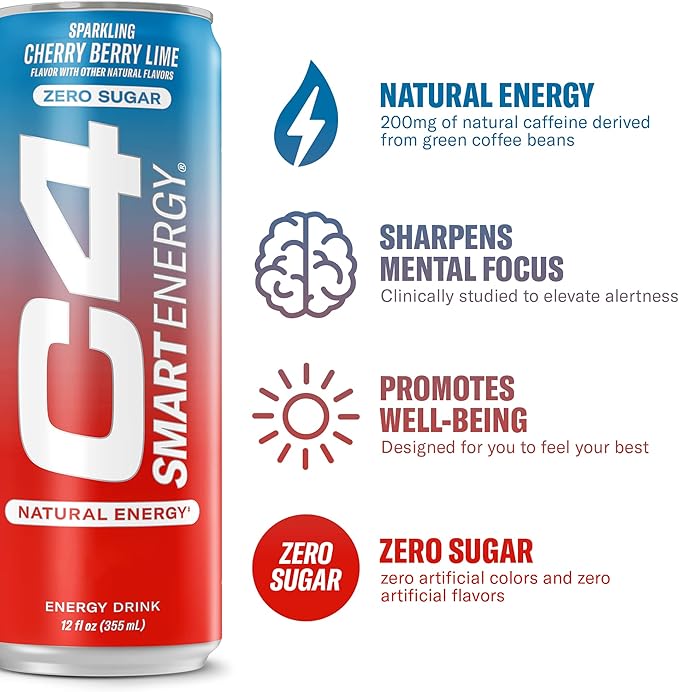 Cellucor C4 Smart Energy Drink – Boost Focus and Energy with Zero Sugar, Natural Energy, and Nootropics - 200mg Caffeine - Cherry Berry Lime (12oz Pack of 12)