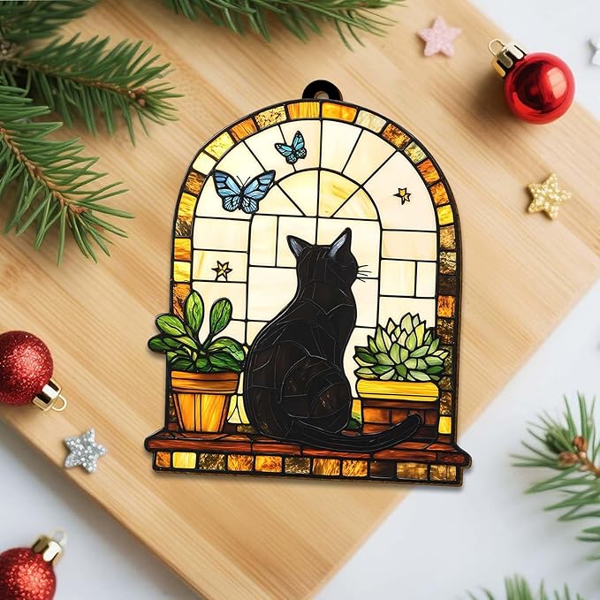 Black Cat Stained Glass Ornament, Window Scene Tree Decoration with Plants and Butterfly, Artistic Wooden Keepsake Gift for Cat Lovers, Women