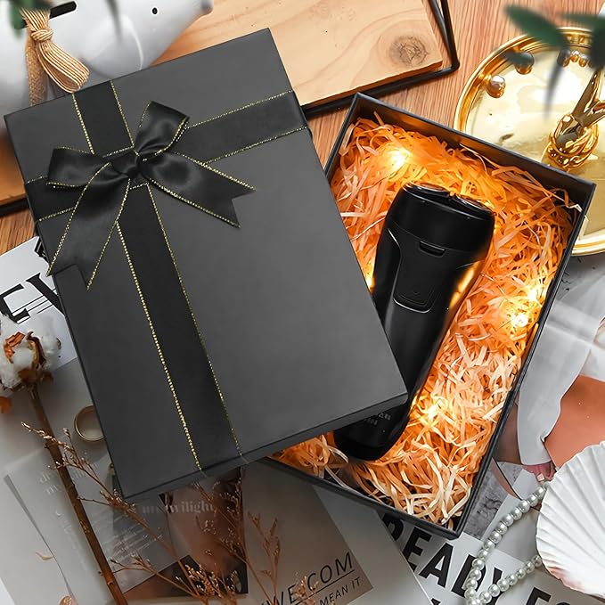 Eerbaier Gift Box with Lid for Present - 3 Pack Small Gift Boxes 8.6x6.3x3.5 Inches, Black Gift Box with Raffia Paper Fill and Greeting Card