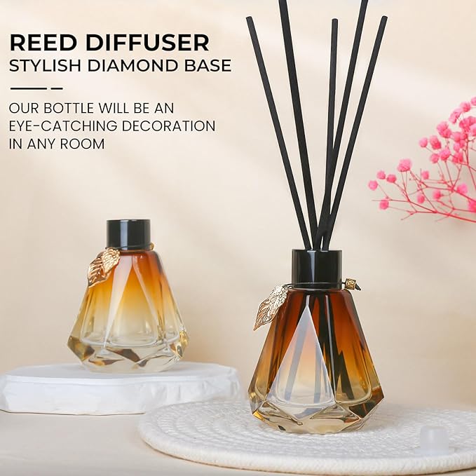 Reed Diffuser Set - 4 Empty Bottles With 20 Sticks, Delicate Gold Leaf Decor, Glass Fragrance Diffuser With Lids for Home, Bathroom | Refillable, Diamond Style Black