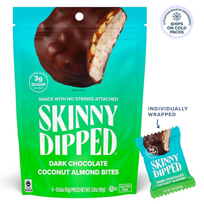 SkinnyDipped Dark Chocolate Coconut Almond Bites, Low Sugar Chocolate Coconut Bar, 3.17oz Resealable Bags, Pack of 4 (24 Bites Total)