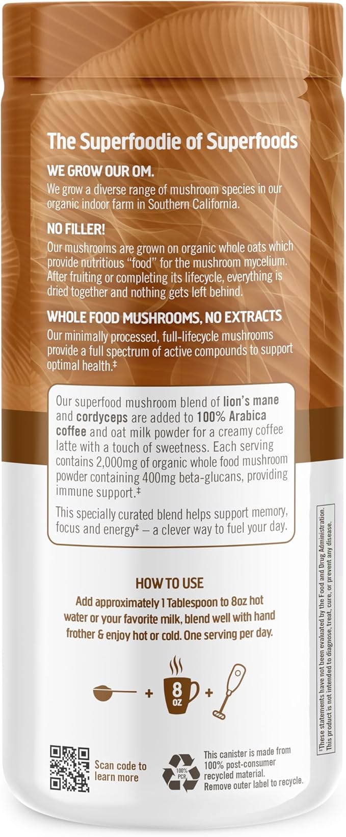 OM MUSHROOM SUPERFOOD Coffee Latte Blend Mushroom Powder, 8.47 Ounce Canister, 30 Servings, Lion's Mane, Cordyceps, Reishi, Chaga, Energy & Mental Clarity Support Supplement