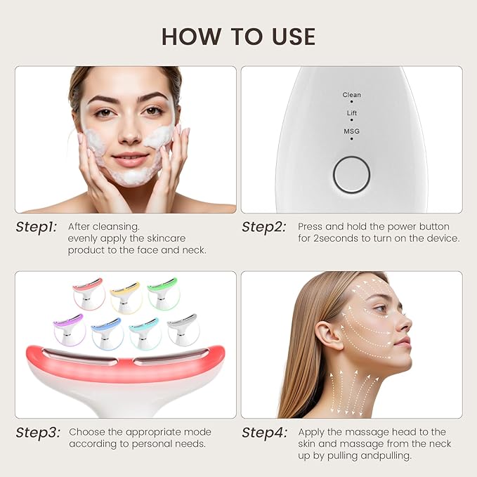 Facial and Neck Massager,7 Color LED Light Therapy for Face,Face Lift Device,Beauty Face Massager Tools for Skin Care (White)