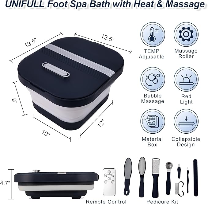 Collapsible Foot Bath Spa with Heat, Remote Control, Massage Rollers, Bubble, Foot Pedicure Kit, Red Light, Pedicure Foot Spa, Foot Bath for Gifts