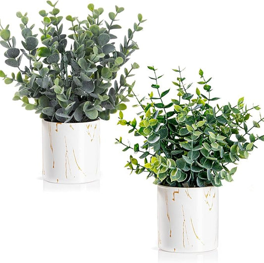 Artificial Eucalyptus Plants in White Ceramic Pots, 2 Pack Faux Greenery Decor with Different Leaf Styles, Small Potted Plants for Shelf, Bathroom, Bedroom, Office Desk, 9.05" Tall