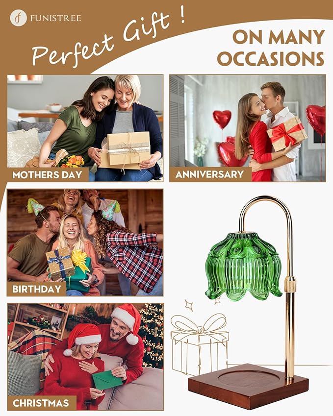 Candle Warmer Lamp with Timer Dimmable, Height Adjustable Birthday Gifts for Women Mom House Warming, Home Decor, Lotus Flower Candle Lamp Warmer 2 Bulbs Inc (Green)