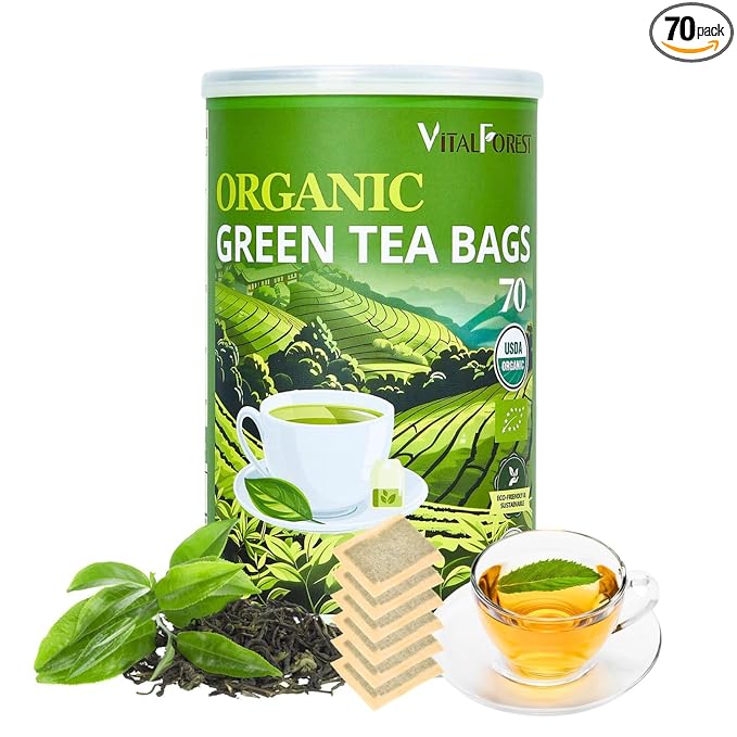 Organic Green Tea Bags| 70 Count VitalForest Unbleached ECO-Conscious Chinese Green Tea Packets| Te Verde Organico Natural Premium Real China Herbal Tea