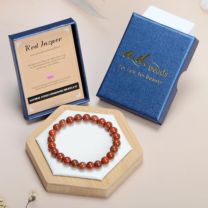 AD Beads Handmade Gemstone Stretch Elastic Bracelet Crystal Healing Reiki Nature's Beauty and Spiritual Essence Unisex (4mm, Red Jasper)