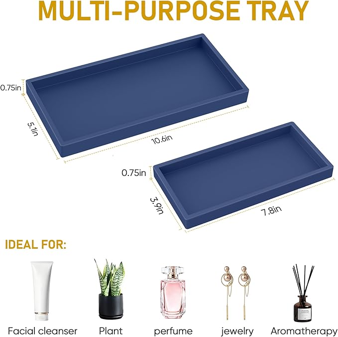 Bathroom Counter Tray,EG-SIPRO High-Grade Thickened Silicone Vanity Tray,Shatterproof Durable Rectangle Tray Soap Dispenser for Countertop,Sapphire Blue,Small+Large (EGTRAY)