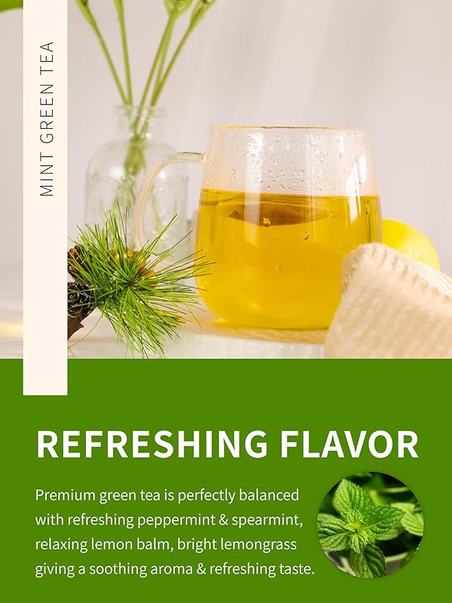 TeeLux Mint Green Tea Bags, Green Tea with Peppermint, Spearmint, and Lemongrass, Caffeinated, 100% Real and Natural, 50 Count