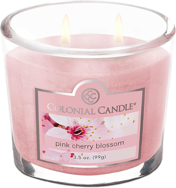 Colonial Candle Pink Cherry Blossom Scented Jar Candle, 2 Wick, 3.5 oz, Mottled Wax Candle