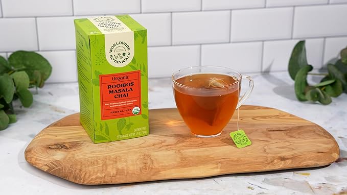Worldwide Botanicals Rooibos Masala Chai Herbal Tea, 25 Tea Bags - Organic, Caffeine Free, Kosher, 50% More Herbs