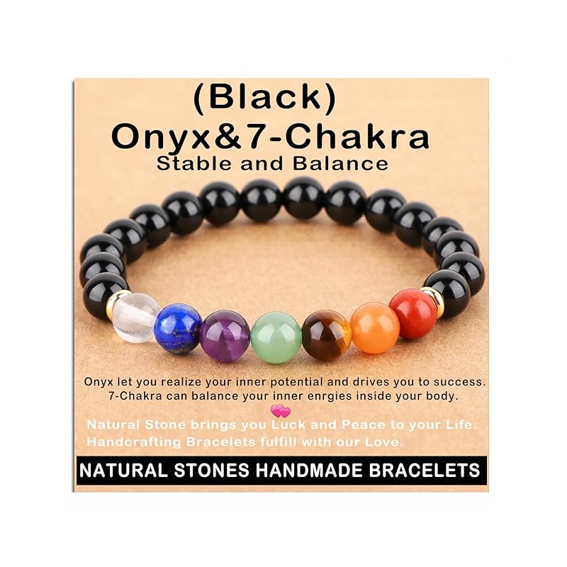 AD Beads Handmade Gemstone Stretch Elastic Bracelet Crystal Healing Reiki Nature's Beauty and Spiritual Essence Unisex (8mm, Onyx & 7-Chakra (Stable and Balance))