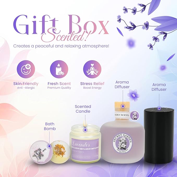 Complete Gift Box for Women Includes Bath Bombs, Candle, Reed Diffuser & Waterless Diffuser Relaxing Self Care Package Spa Gift Basket for Mom, Wife, Sister, Friend Birthday Anniversary, Holidays