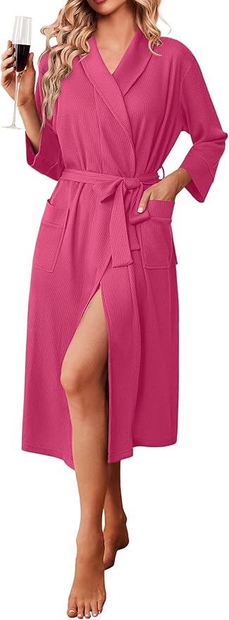 Ekouaer Robes for Women Long Waffle Knit Bathrobe Lightweight Kimono Robe Soft Shawl Collar Spa Robes with Pockets S-XXL