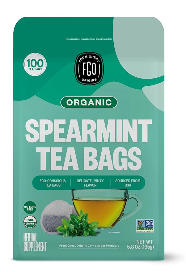 FGO Organic Spearmint Leaf Tea, 100 Count, Eco-Conscious Tea Bags, Caffeine Free, Resealable Bag, Packaging May Vary (Pack of 1)