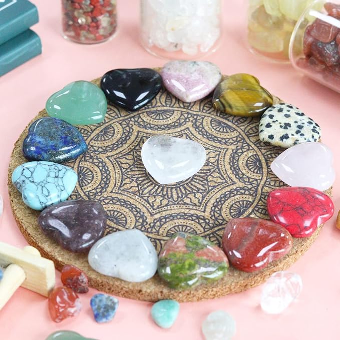 15PCS Natural Heart Healing Crystals Love Stones Rose Quartz Clear Quartz Tiger Eye Heart Set Bulk Polished Pocket Palm Thumb Gemstones Meditation Chakra Reiki Energy Balancing 0.8 inch
