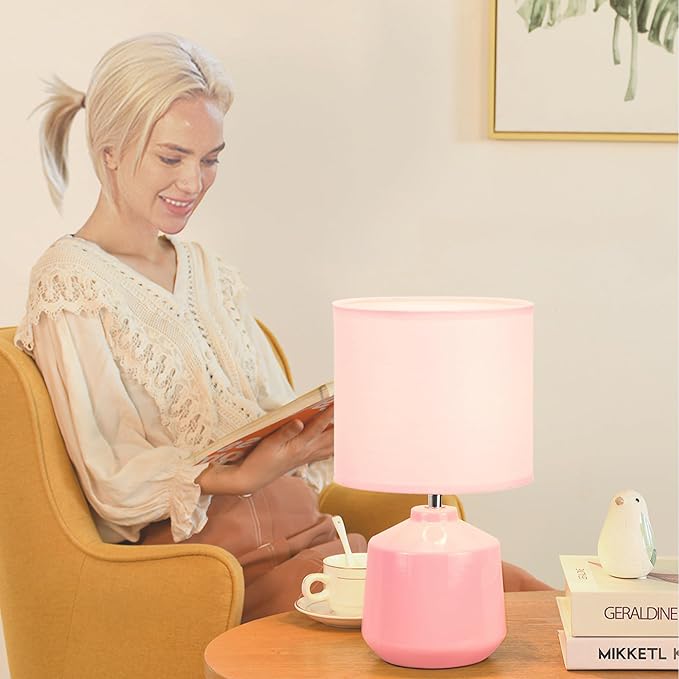 Lampwell Lena Small Modern Ceramic Pink Table Lamp, 7.09H12.99IN, Bedside & Night Lamp, Bulb Excluded