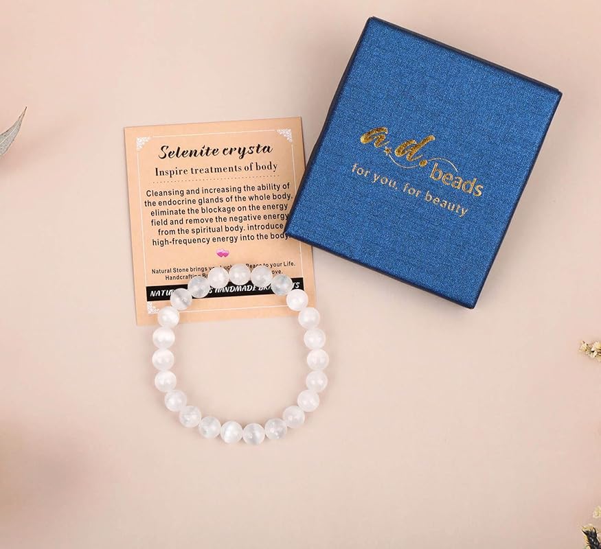 AD Beads Handmade Gemstone Stretch Elastic Bracelet Crystal Healing Reiki Nature's Beauty and Spiritual Essence Unisex (10mm, Selenite Crystal (Inspire treatments))